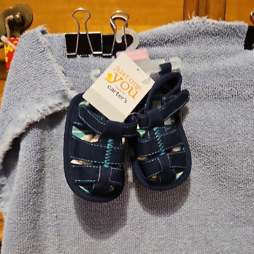 Carter's Navy Sandals with Teal Stitching and Striped Liner (Newborn)